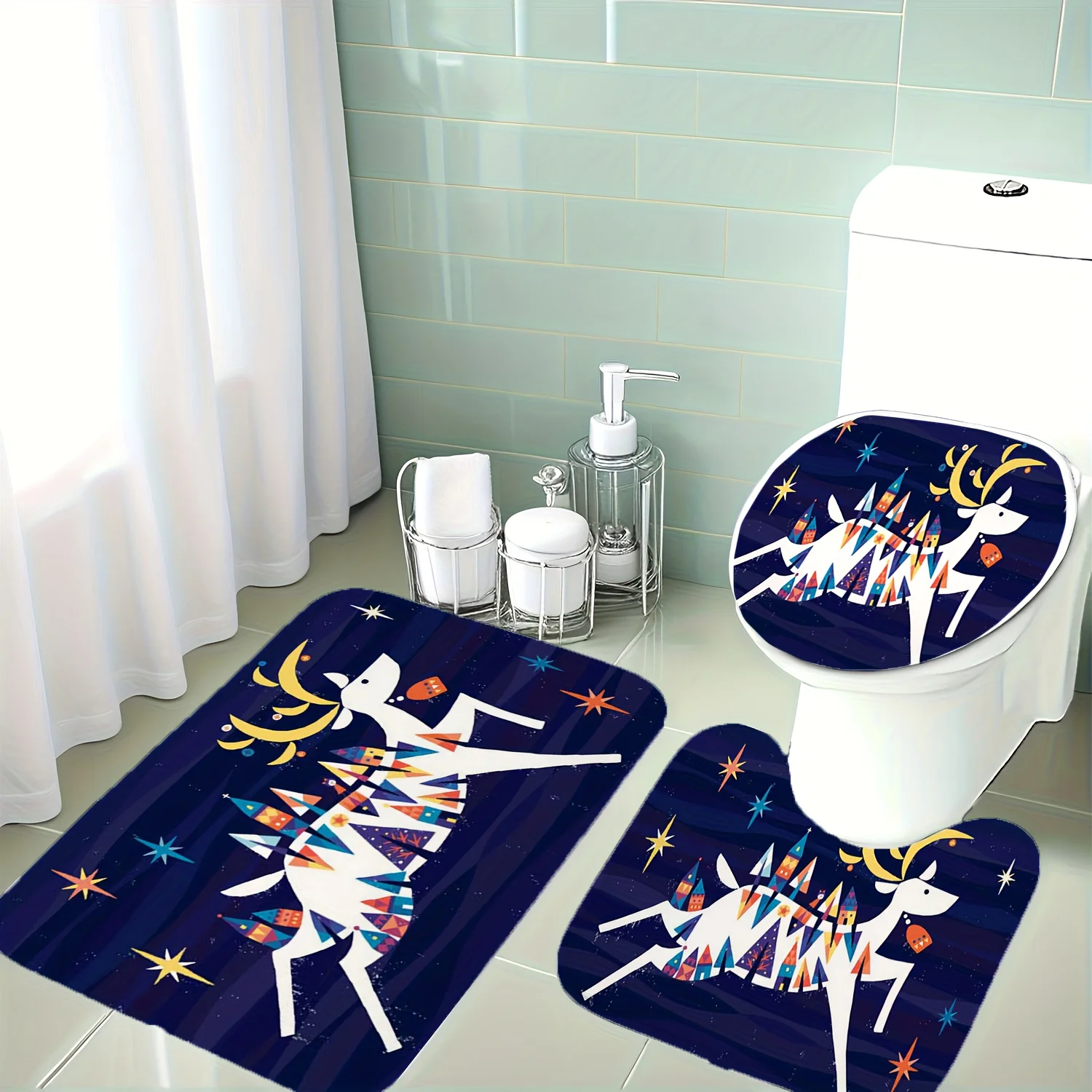

3pcs Christmas Reindeer Bath Mat Set with Toilet Lid Cover & U-Shaped - Non-Slip Soft White Bathroom, Red/Blue Orange Purple