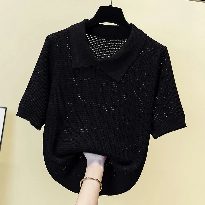 Korean Polo Collar Knitted Tshirt Sweater Women 2023 Summer Short Sleeve Oversized Pullover Tops Vintage Elegant Ladies Knitwear