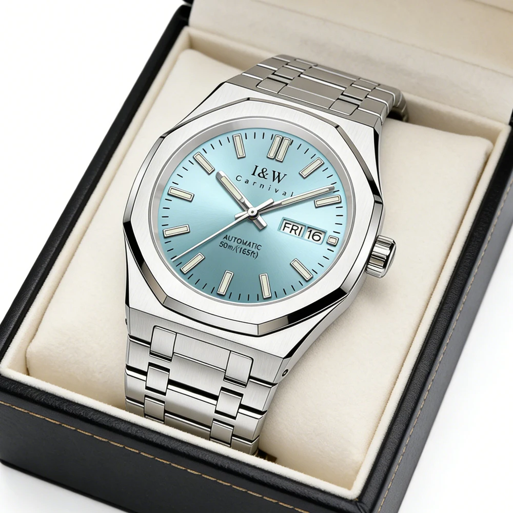 Carnival Luxury Sapphire Imported Movement Mechanical Watch Men Stainless Steel 50m Waterproof Week Date Automatic Watch Mens