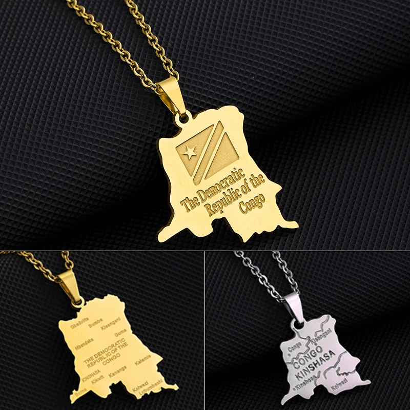 New Democratic Republic of the Congo Map Flag City Pendant Necklace Stainless Steel Men Women Ethnic Jewelry Patriotic Gifts