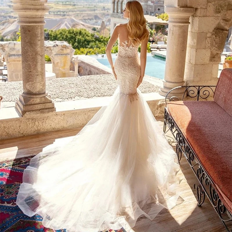 Robe de Mariée Sirène Romantique, Longue, avec Traîne Appliquée, 2023