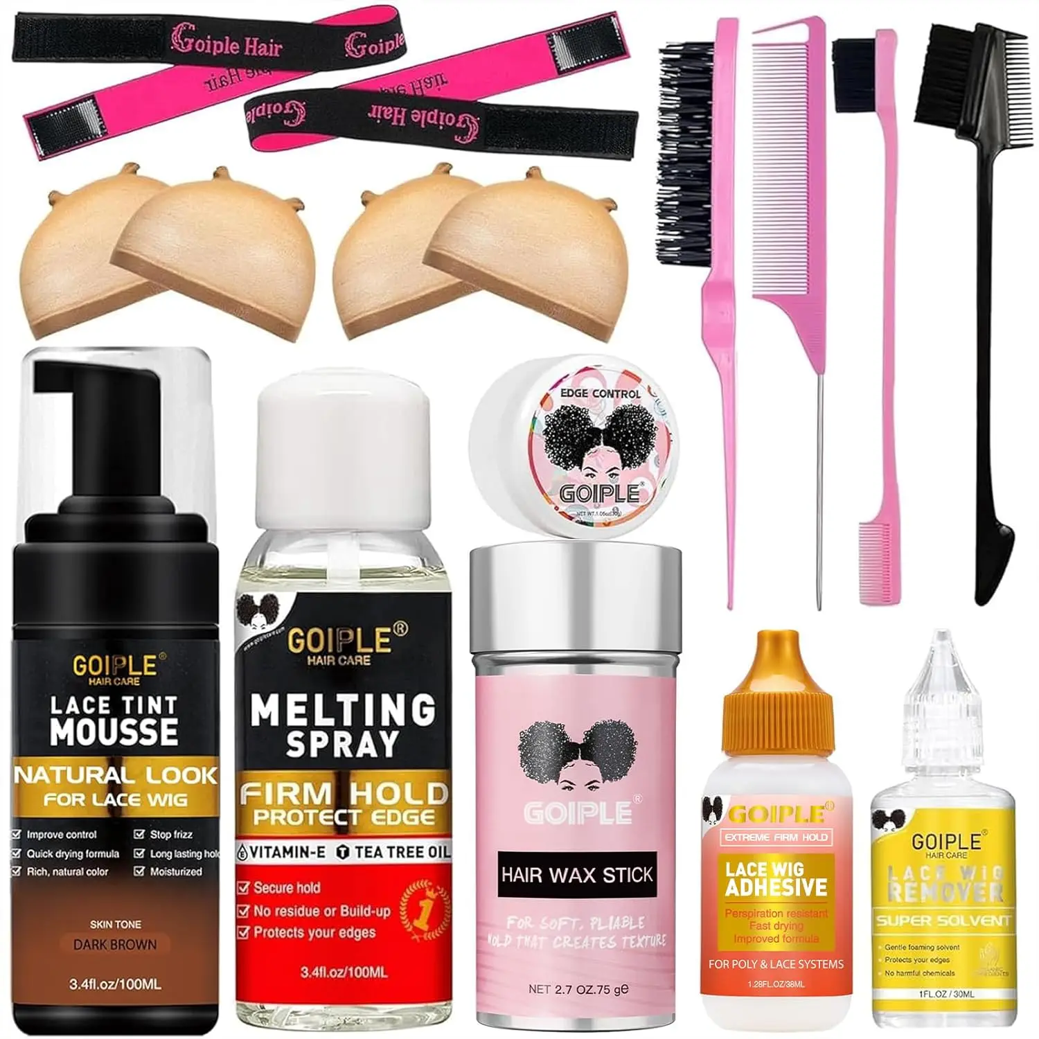 

Lace glue kit, including lace dye mousse, lace melt spray wig glue, suitable for women's wigs and hair pieces (dark brown)