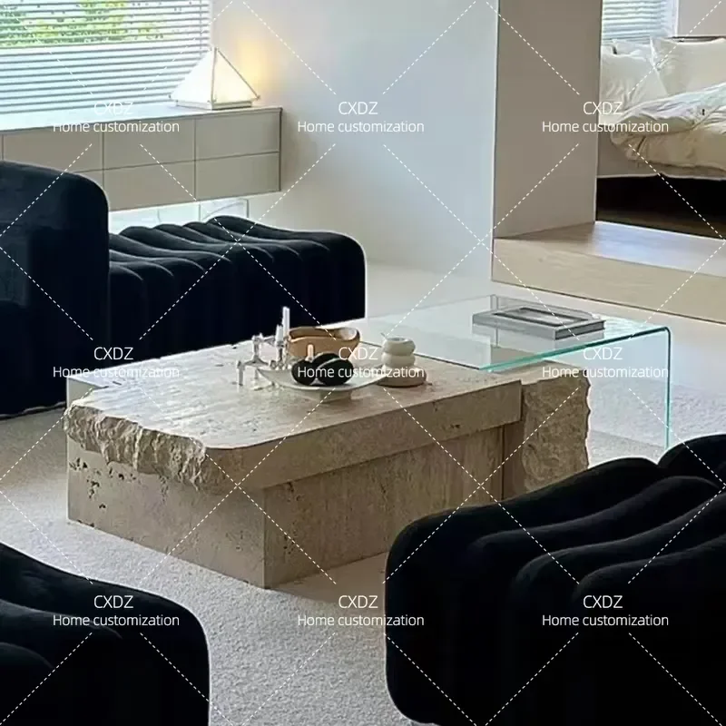 Natural Marble Coffee Table Wabi Sabi Style Medieval Travertine Square Center Table Simple Retro Art Glass Tea Table for