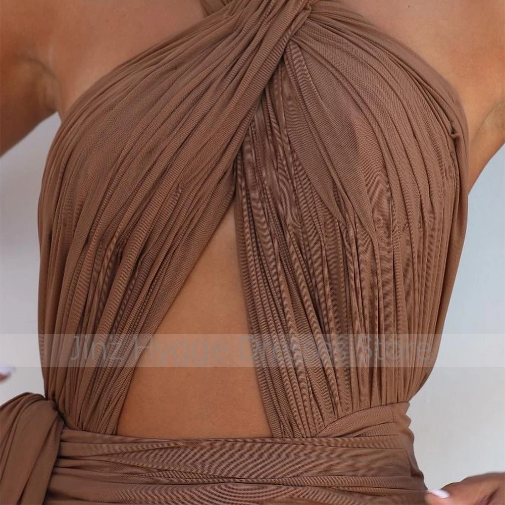 Camel Tulle Cocktail Dresses for Women Cut Out Halter Sleeveless Sexy Cocktail Gowns Mini Pleats Draped Sheath/Column Party Gown