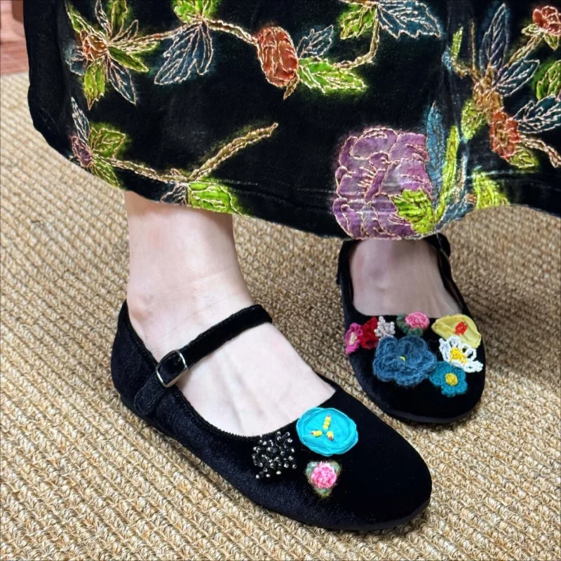 

Retro Women's Mary Jane Shoes Handmade Flower Casual Shoes for Woman Exquisite Shallow Flat Shoe Designer Shoes Zapatos De Mujer