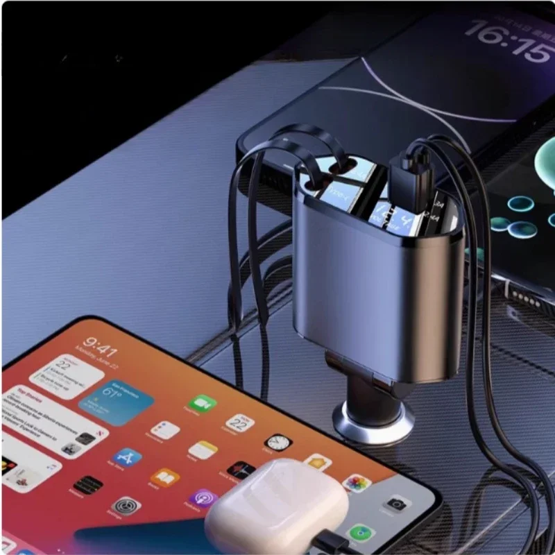 2026New 4-in-1 Vehicle Charger, 120 Watt Fast Charging, Retractable Cable, 2 USB Ports, Compatible with All Vehicles Dual TYPE-C