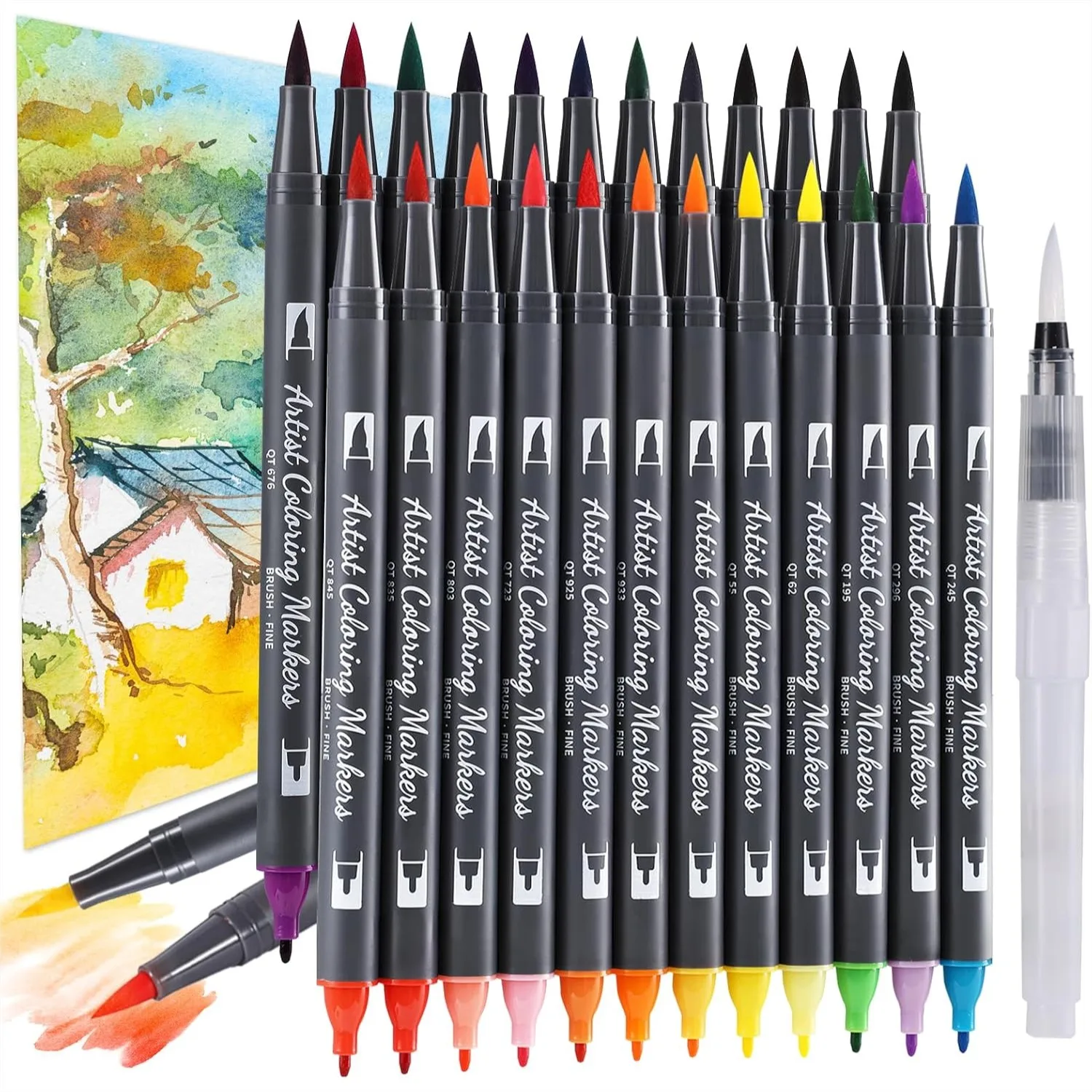 

24 Colors Blendable Watercolor Markers For Adults With 1 Water Brush Pen Professional Double Tip Paint Pens Water Based Coloring Drawing Markers Set