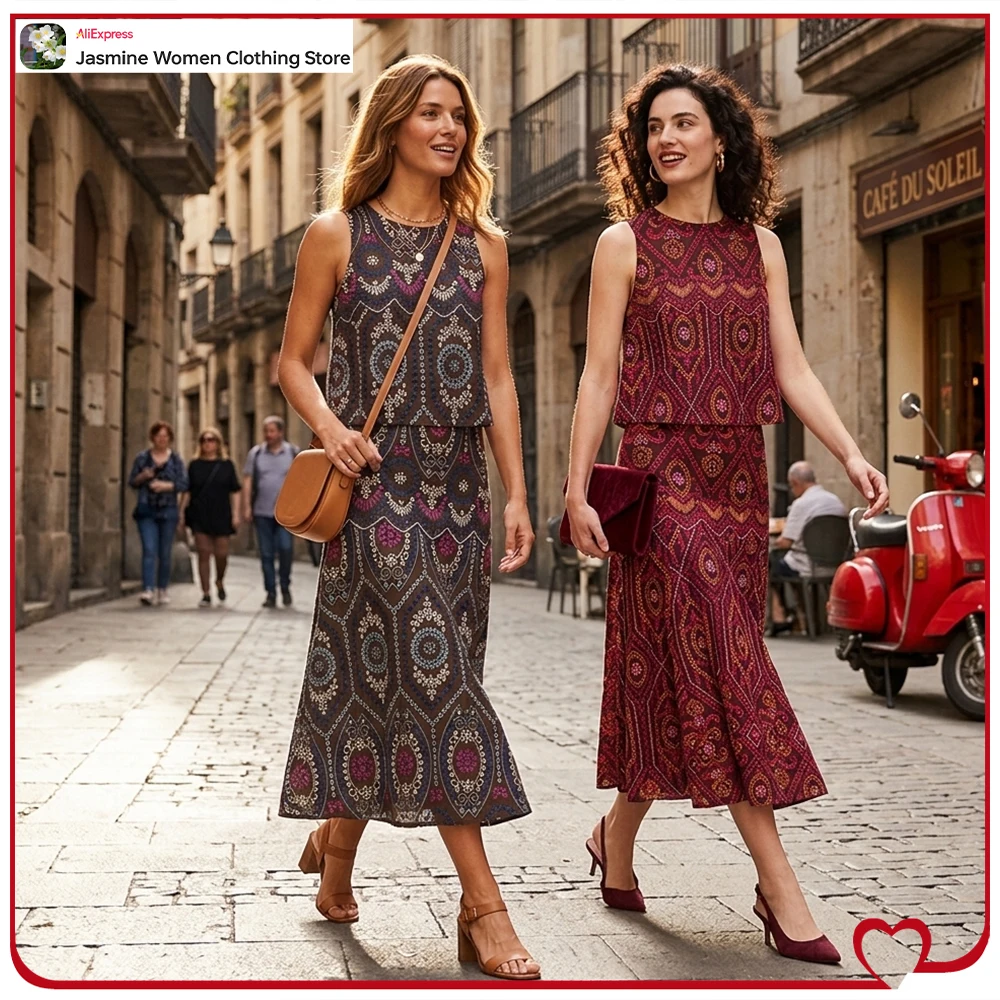 

Aesthetic Women Ethnic Dress Sets Summer Holiday Co-ord Sets Multicolored Sleeveless Top and Midi Skirt with Embroidered Eyelet