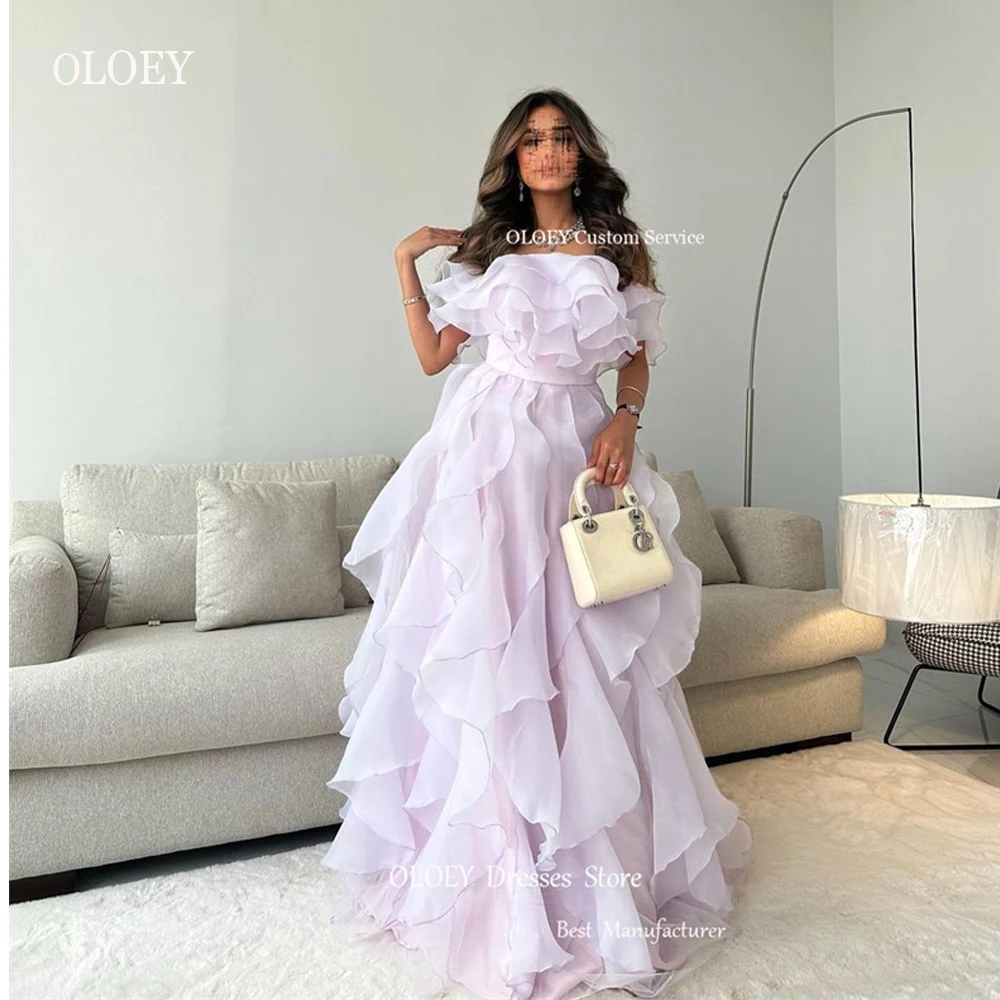 OLOEY Saudi Arabic Women Ruffles Lavender Prom Dresses Off the Shoulder Sleeves Dubai Long Navy Blue Party Evening Gowns