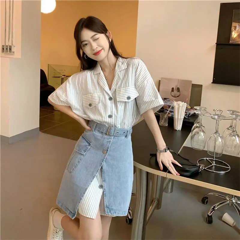 2 Pieces Sets for Women Sexy Denim Skirt Slit Mature Stripe Woman Outfit Short Sleeve Luxury Designer Clothing Korean Style Full