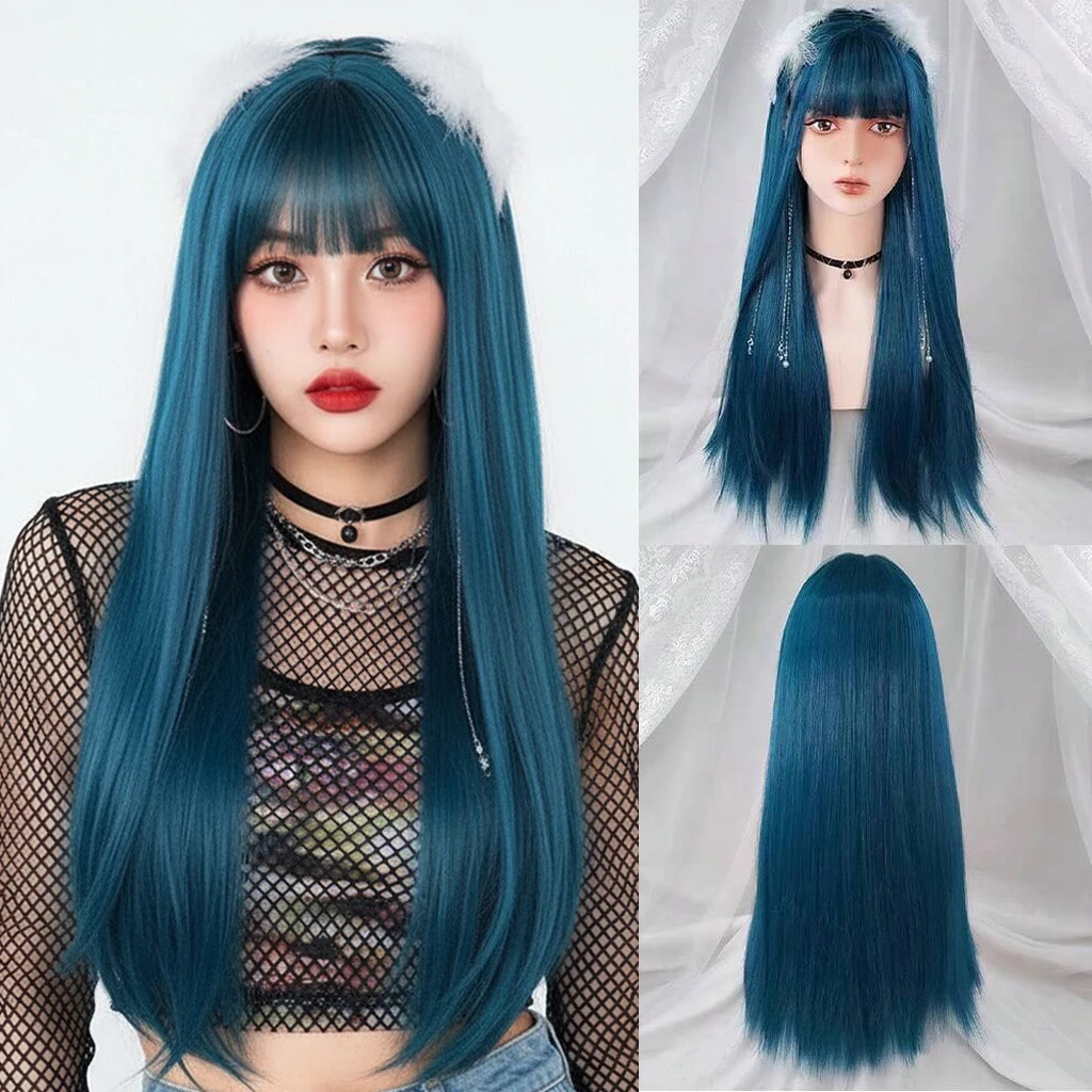 

Heat Resistant Long Straight Blue Wig With Bang Women’s Synthetic Fiber for Lolita Cosplay Halloween Christmas Casual Glam
