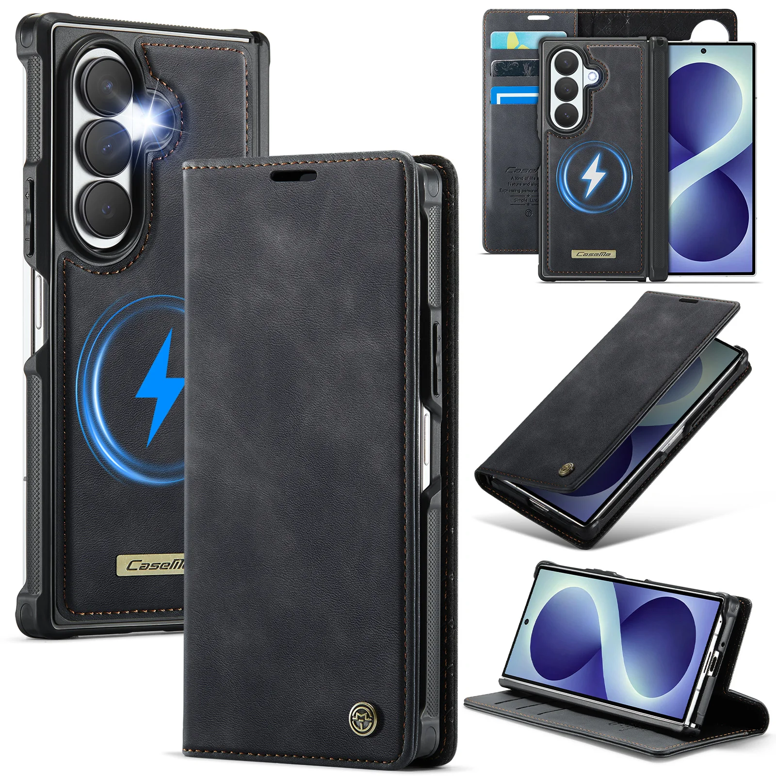 Caseme For Samsung Galaxy Z Fold 8 Ultra Flip Pu Leather Wallet Case Card Case Detachable Magnetic Wireless Charger Back Cover