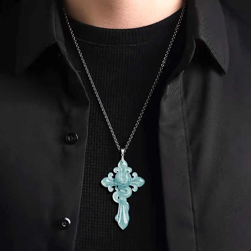 Original Natural A-grade Jade Snake Year Cross Pendant with Snake Design S925 Silver Ice Seed Jade Men's and Women's Hip-Hop Acc