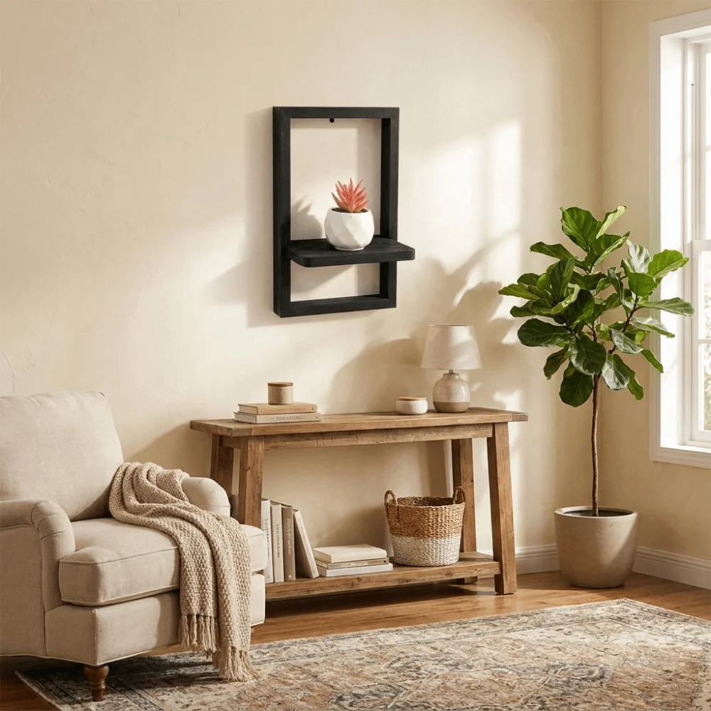 Wood Wooden Wall Shelf Square Shape Decorative Wall Floating Hanger Strong Load-Bearing Simple Wall Mounted Shelf Indoor Use