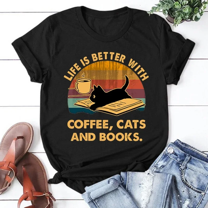 Hot Life Is Better with Coffee Cats and Books Print T-Shirt Loose Short Sleeve Harajuku Casual Tops Women Summer T-Shirt