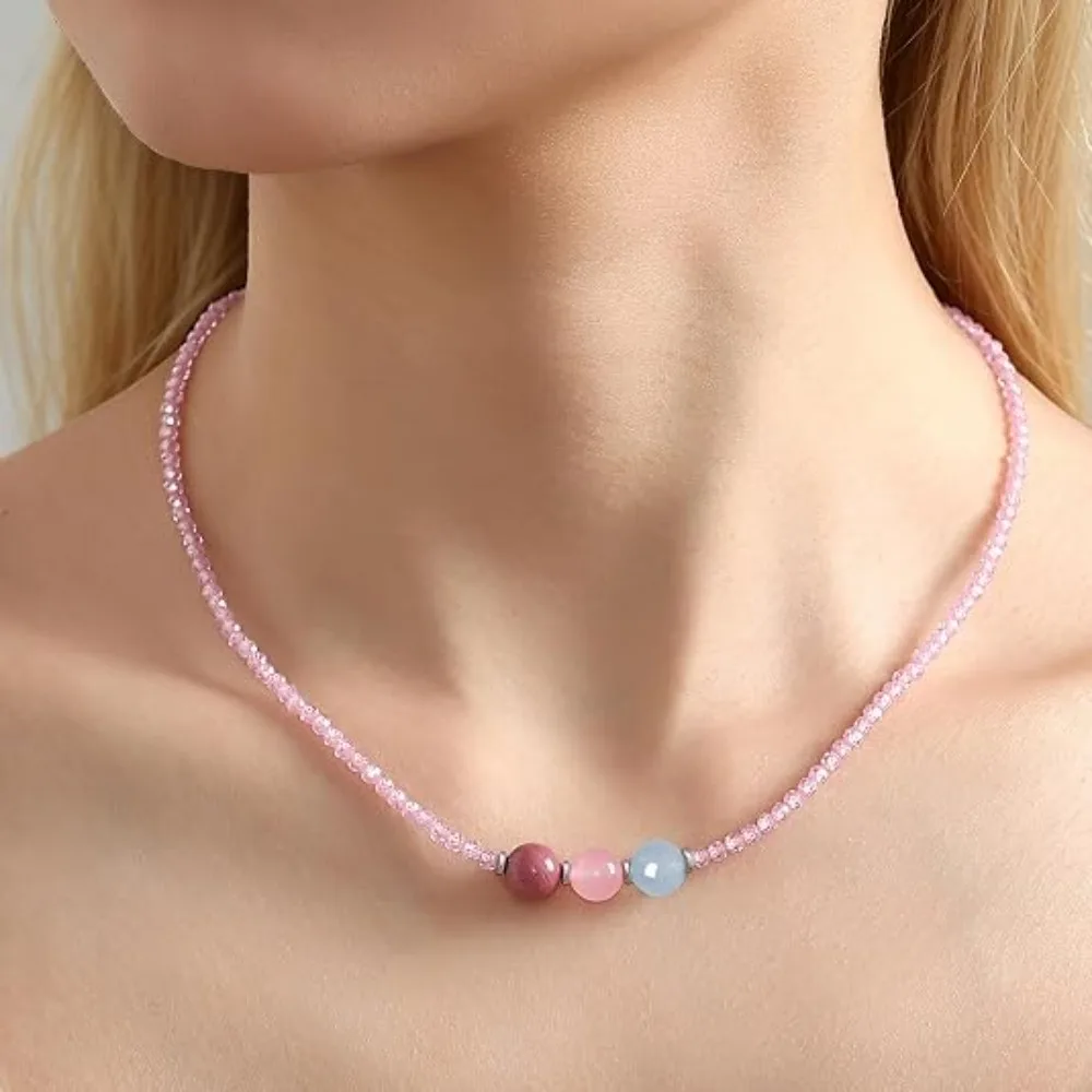 Natural Gemstone Crystal Necklace Triple Protection Healthy Pregnancy Beaded Choker Anxiety Relief New Beginnings