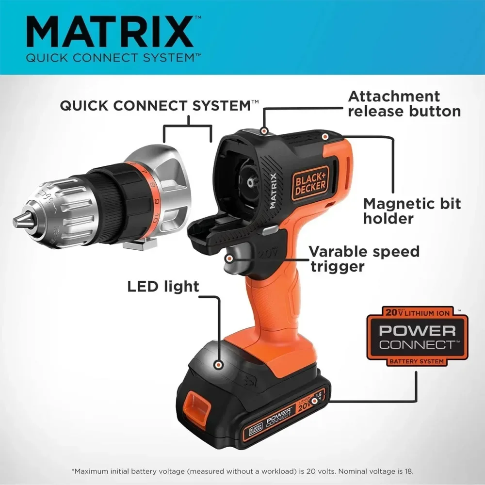 MATRIX 20V MAX, Kit peralatan listrik, termasuk BOR tanpa kabel, 12 lampiran dan kotak penyimpanan (BDCDMT1212KITC1)