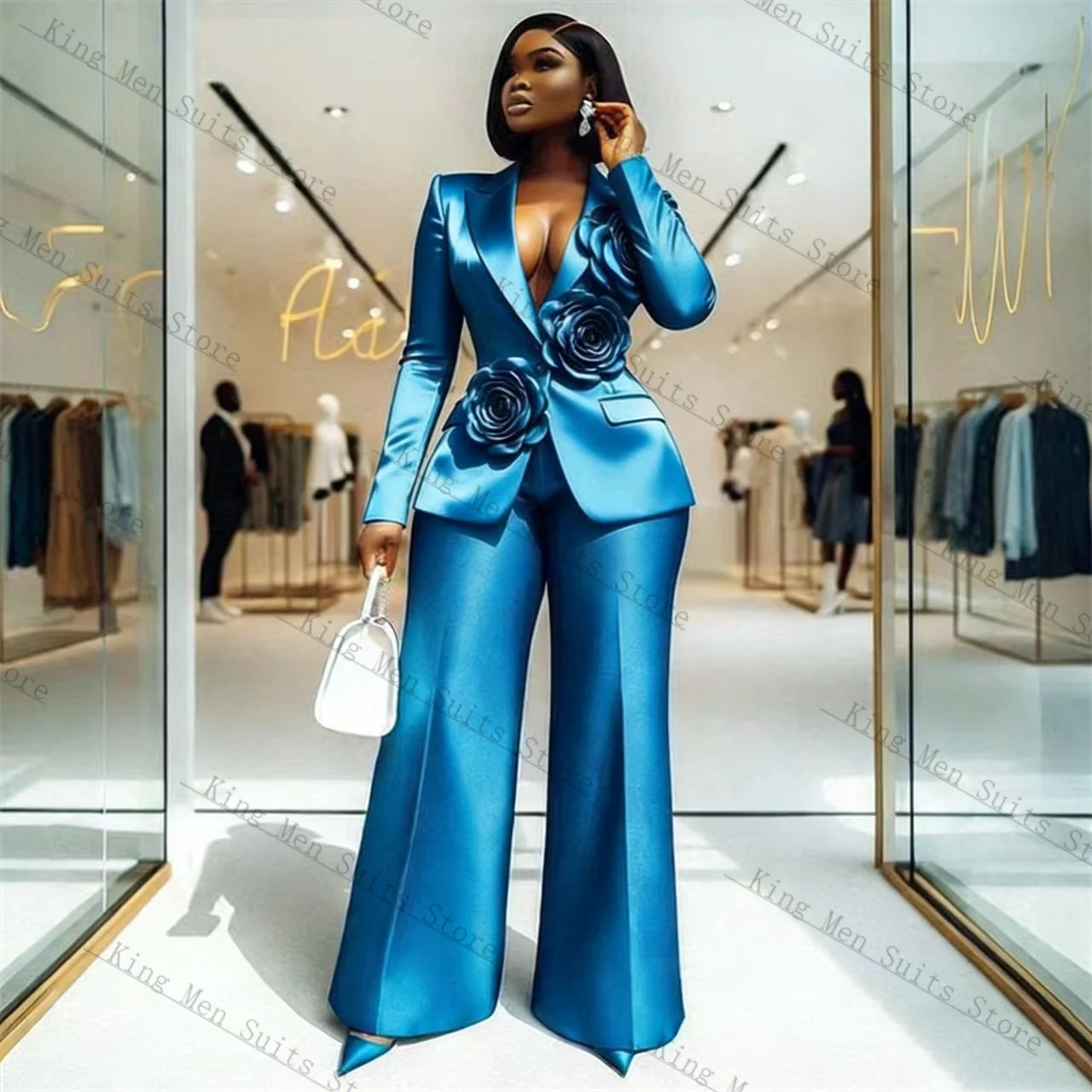 

Blue Satin Women Suit Set 2 Pcs Blazer+Pants Trousers 3D Flower Spring Customized Formal Guest Wedding Tuxedos Coat Jacket