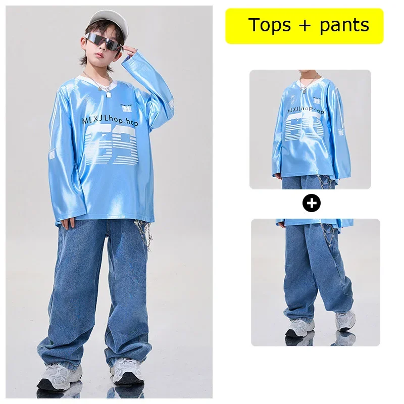 Ropa de Hip Hop para niños, Tops azules, pantalones vaqueros azules para niño y niña, falda blanca, ropa de traje de baile
