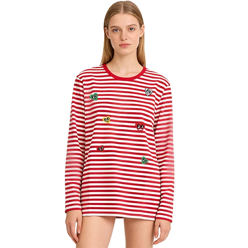 Frauen O Hals Langarm T Shirt Baumwolle Gestreiften 3D Rot Bunte Herz Stickerei Gerade Fit Casual Top für Frühling Herbst