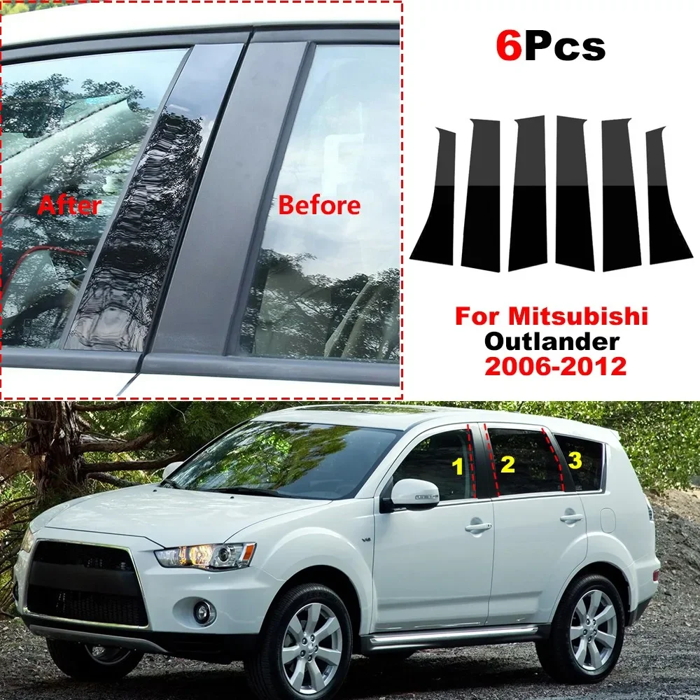 

6Pcs Car Window Door Column BC Pillar Post Cover Sticker For Mitsubishi Outlander 2006 2007 - 2012 Black PC Material Sticker