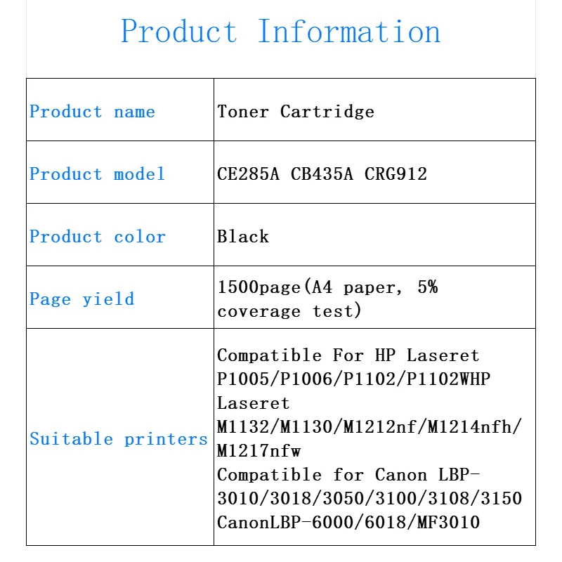 CE285A 85A Compatible TONER Cartridge for HP LaserJet P1100 P1005 P1006 P1102 P1102w M1130 M1132 M1210 M1212nf M1214nfh M1217nfw