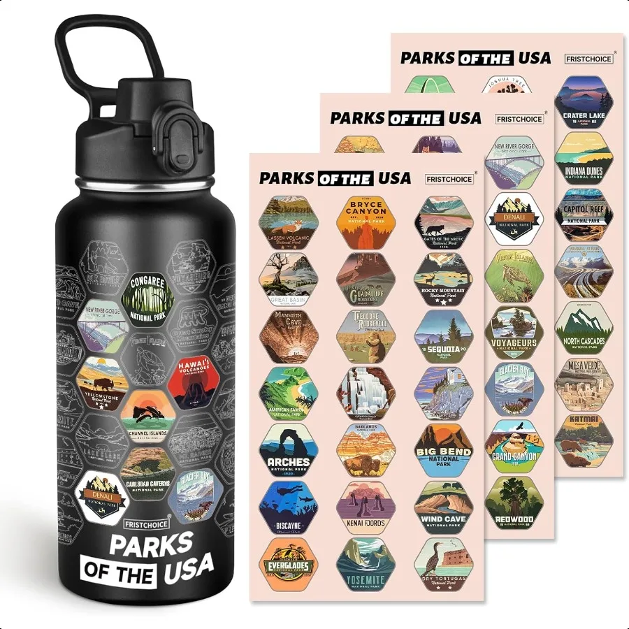 

National Parks Water Bottle with 63 Waterproof Stickers32oz Double Wall Vacuum Stainl Steel Wide Mouth Insulated Travel Water B