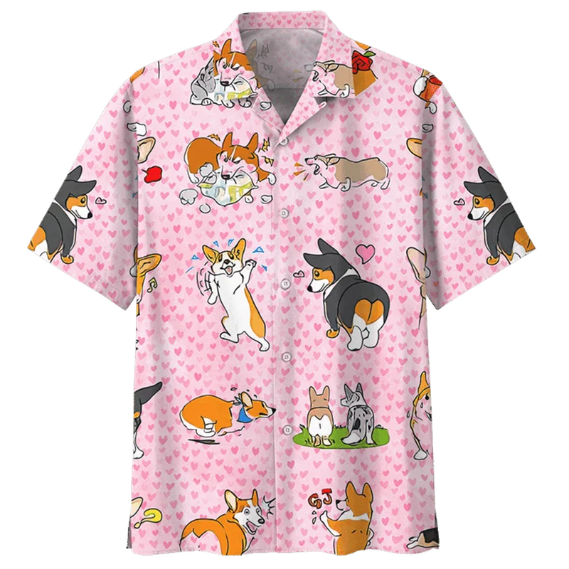 

Cartoon Corgi Dog Graphic Hawaiian Shirt For Man Summer 3d Printed Animal Pets Short Sleeves Street Tops Lapel Button Blouse