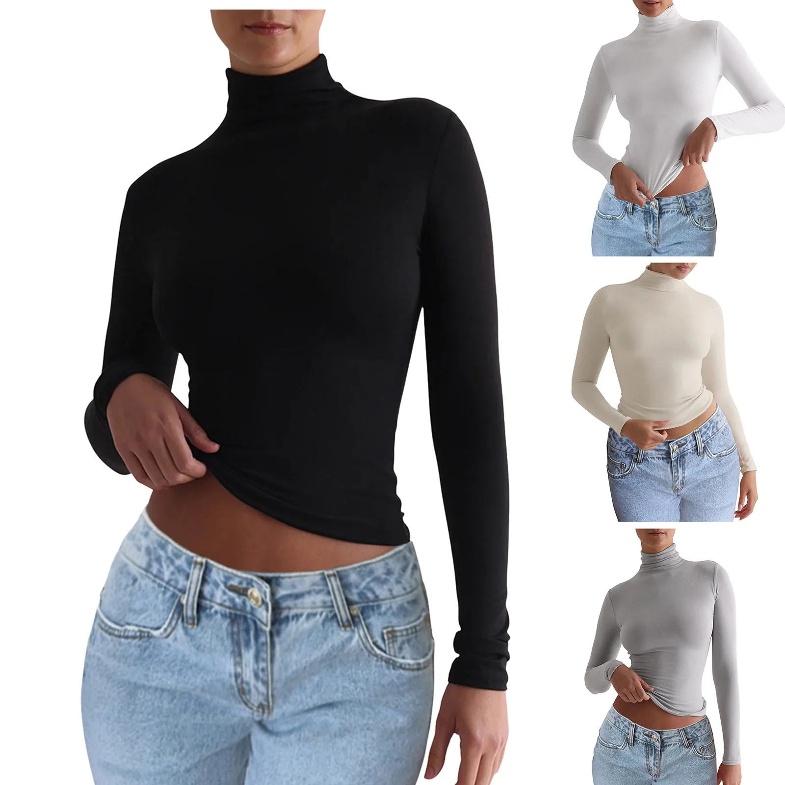 Womens Long Sleeve T Shirt Streetwear High Neck Solid Crop Tops Stylish Sweetheart Fall Winter Bottoming Shirt Tunic Blouse