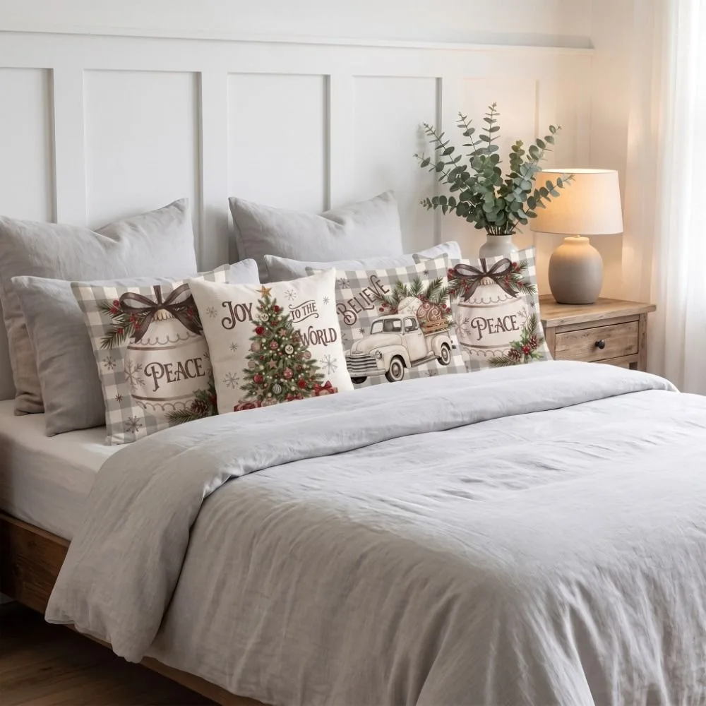 Atmosphere 2D Flat Printing Christmas Pillow Covers Soft Flower Xmas Tree Pillowslip Ball Square Santa Pillow Cover Bedroom