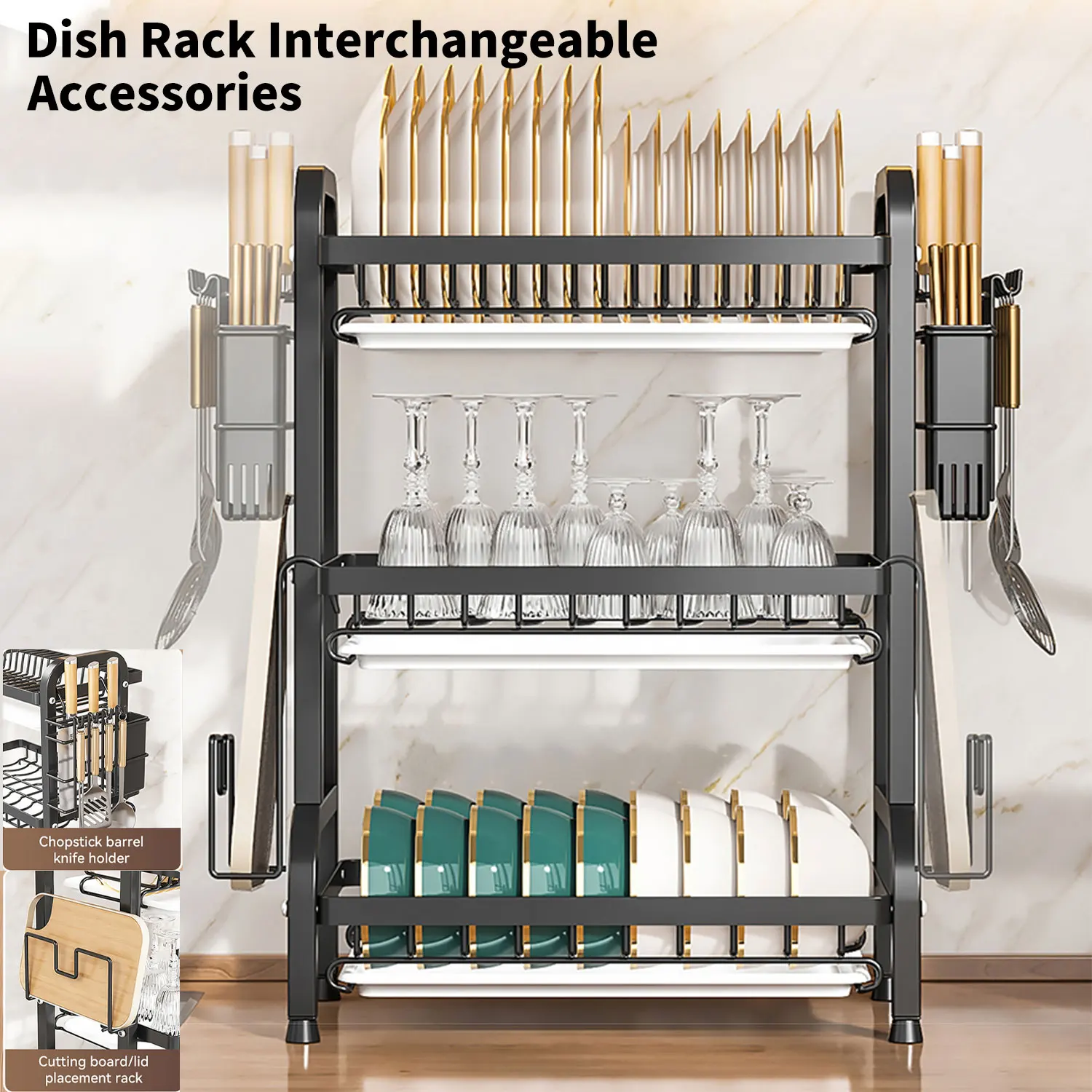 Image 5: Égouttoir à vaisselle à 3 niveaux, grande capacité, pour comptoir, avec support pour ustensiles, couteaux et planches à découper, plateaux amovibles