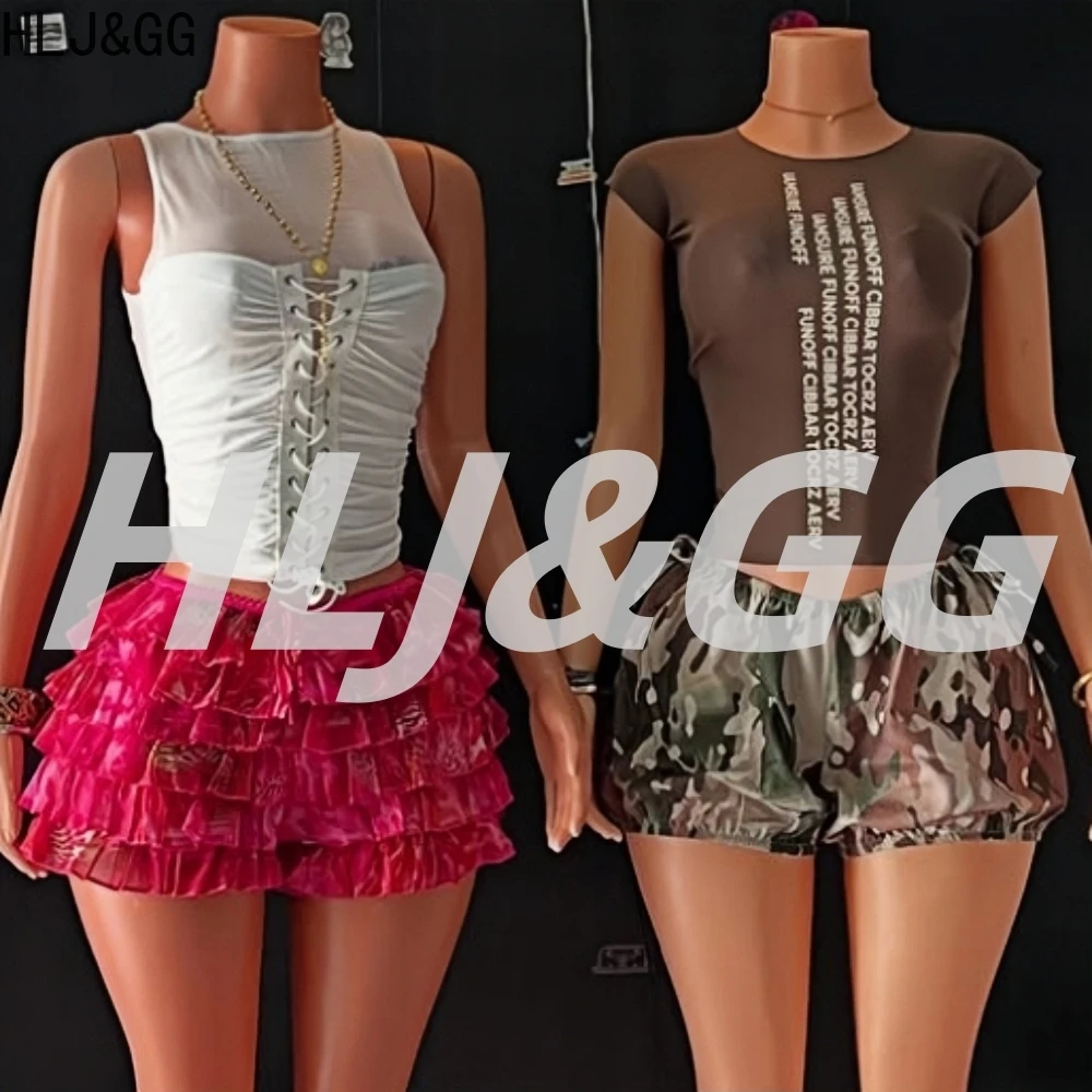 

HLJ&GG Sexy Mesh See Though Splicing Bandage Two Piece Sets Women O Neck Sleeveless Slim Tank Top And Ruffle Shorts Outfits 2025