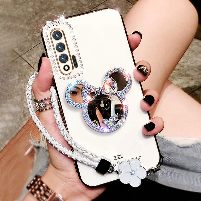 Luxury Glitter Diamond Cartoon Vanity Mirror Phone Case For Samsung S23 S22 S21 S20 Plus + Ultra Fe Note 20 Plating Bling Cover