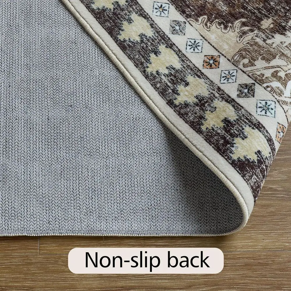 Karpet Boho yang Dapat Dicuci - Lembut Anti-Selip untuk Ruang Tamu, Kamar Tidur, Ruang Makan, Kamar Anak, Teras Dalam/Luar Ruangan - Cokelat Gaya Pedesaan