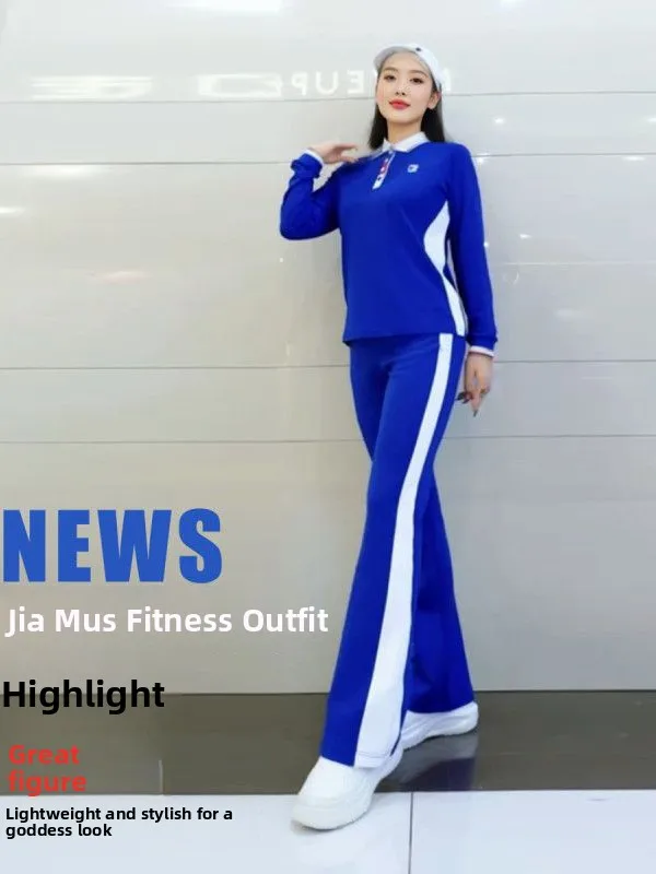 mingyan-recommended-jiamusi-fitness-operation-outfit-long-sleeve-warm-sport-outdoor-set-blue-shirt-blue-pants-high-waist-trou