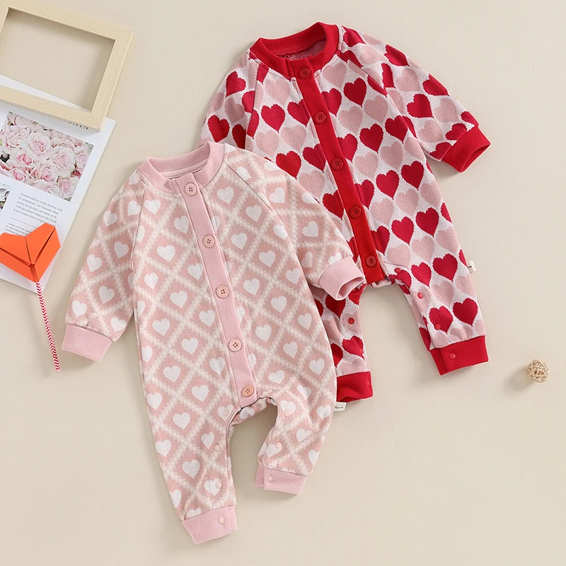 

Adroable Girls Valentine’s Day Romper Long Sleeve Button Down Heart Print Sweater Jumpsuits Casual Sweet Clothes Infant