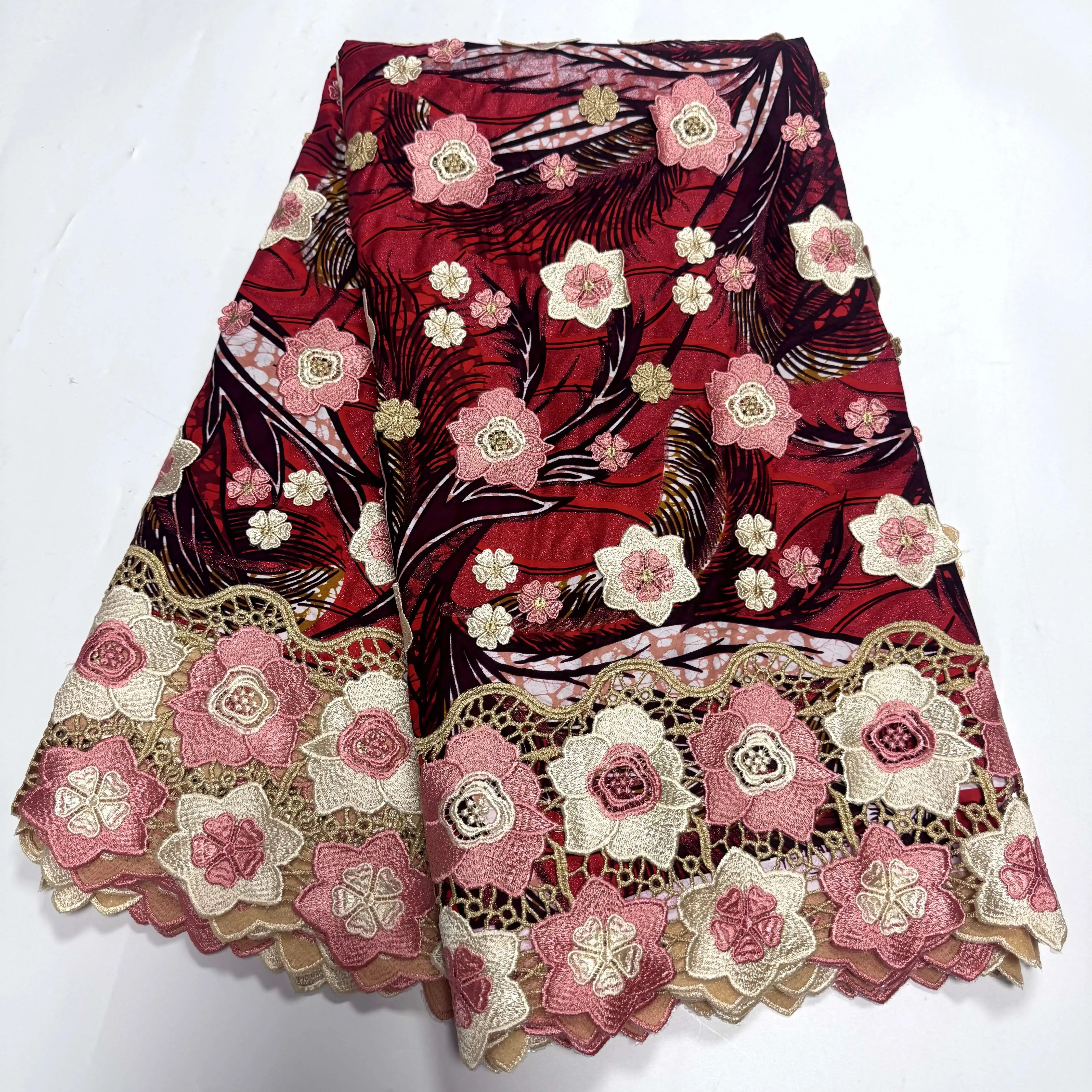Elegant Nigerian 100% Cotton Soft Wax Lace 3D Flower Embroidery Cord 5Yards DIY Party Dress Material