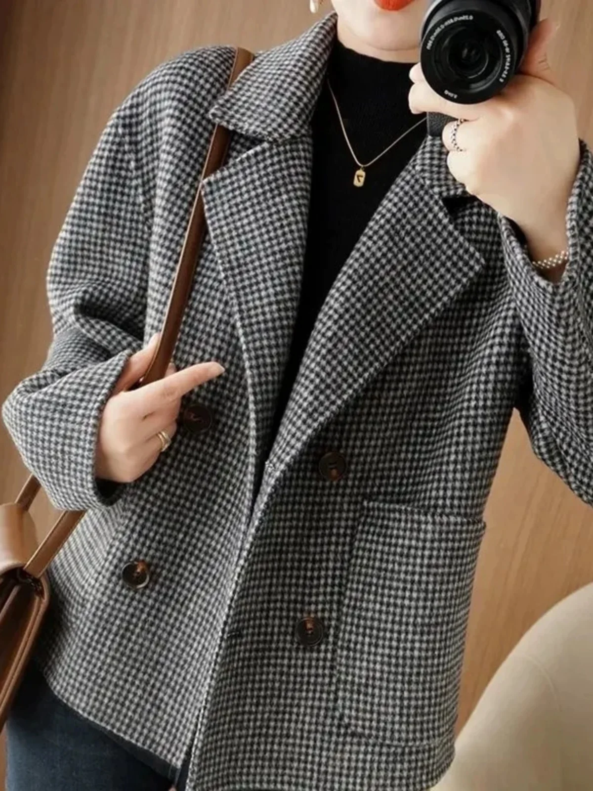 Abrigos de mezcla de lana para mujer, abrigo de lana negro para mujer, otoño, chenilla, cuello con muescas, estampado abstracto, botón hacia abajo, oblicuo, plegable