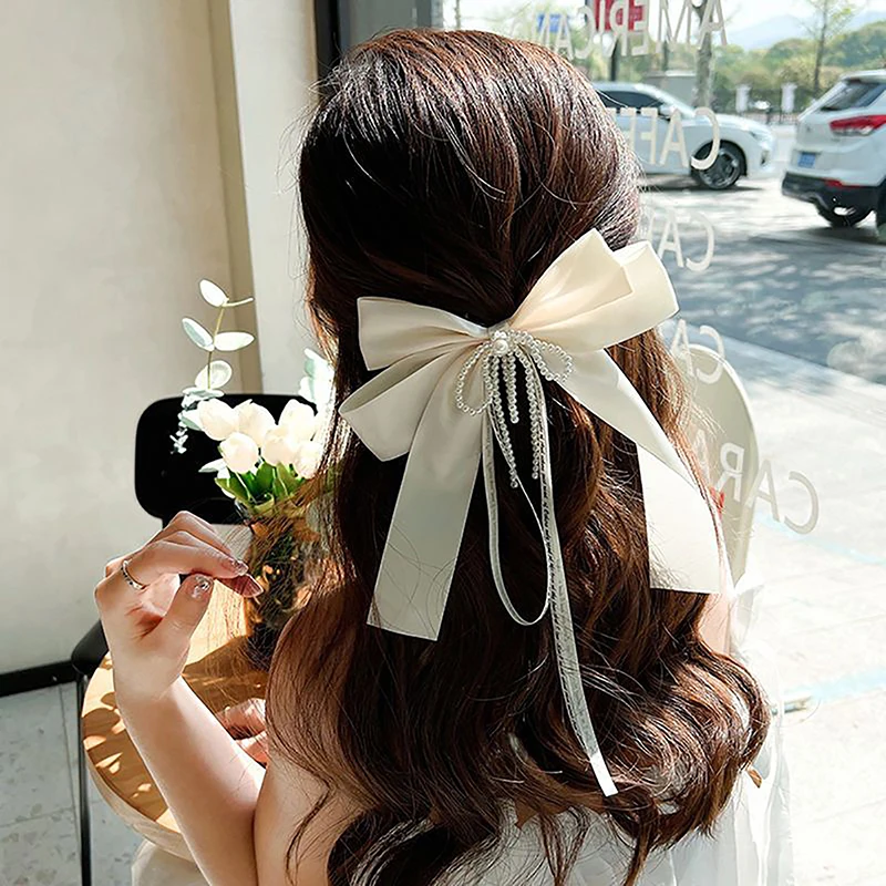 2023 New Large Bow Ribbon Hairpin Women Tassels Pearl Hair Clip Bowknot Barrettes Ponytail Clip Headband Girls Hair Accessories