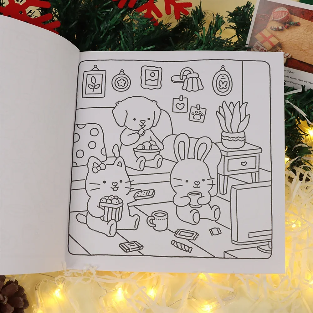 1PC Comfort Diary Coloring Book 42 Pages Illustration Drawing Book with Cute Animal Characters Warm Scene Relaxation High Qualit