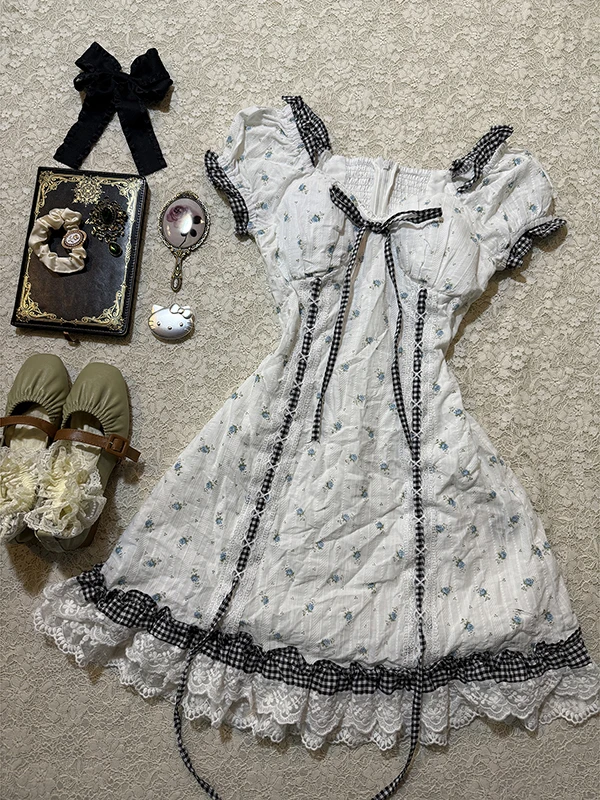 فستان صيفي أصلي بطباعة زهور عتيقة للنساء، تنورة قصيرة من الدانتيل بتصميم A-Line، مزيج قطني مريح بأكمام قصيرة