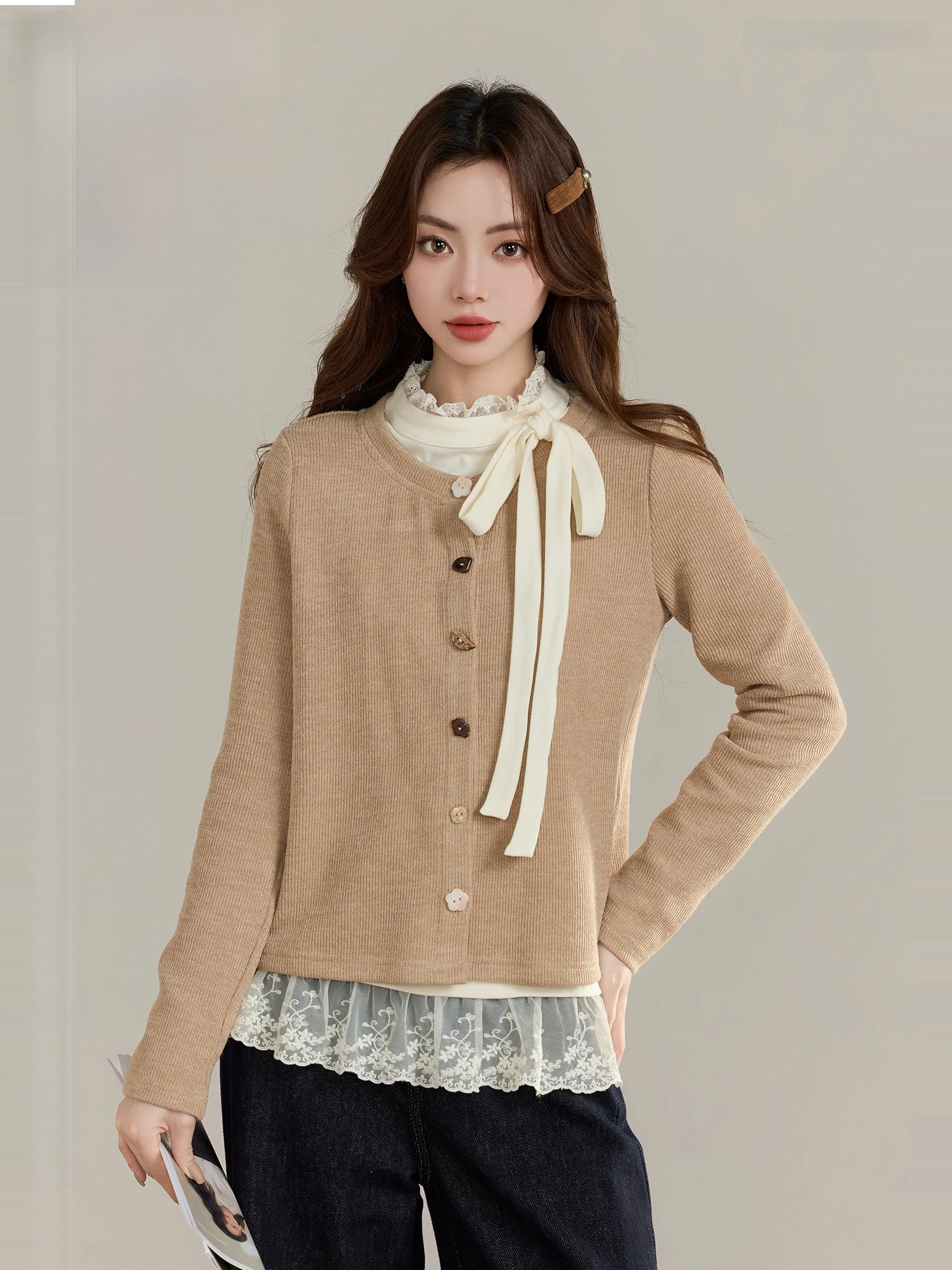

Autumn Winter Aosphere Sweater Car Coat Women's Small Size Knitted Long Sve Outerwear Lingjiu Pure adow Fluffy Speech
