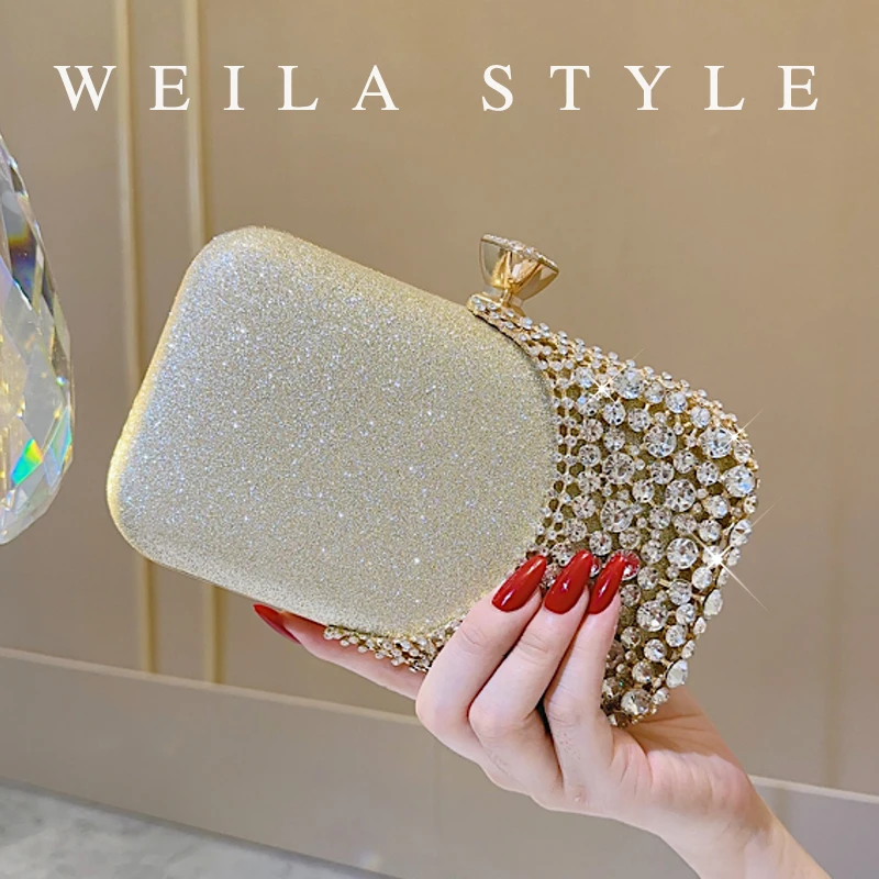 

Crystal Wedding Evening Clutch Bag, Bridal Prom Party Purse, Sparkly Rhinestone Glitter Handbag Gold