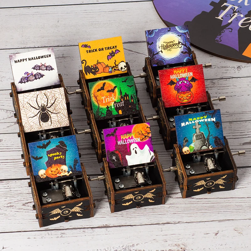 Halloween Wooden Hand-cranked Music Box, Horror Night Painted Music Box, Wooden Pumpkin Ornament, Ghost Festival Gift, Music Box