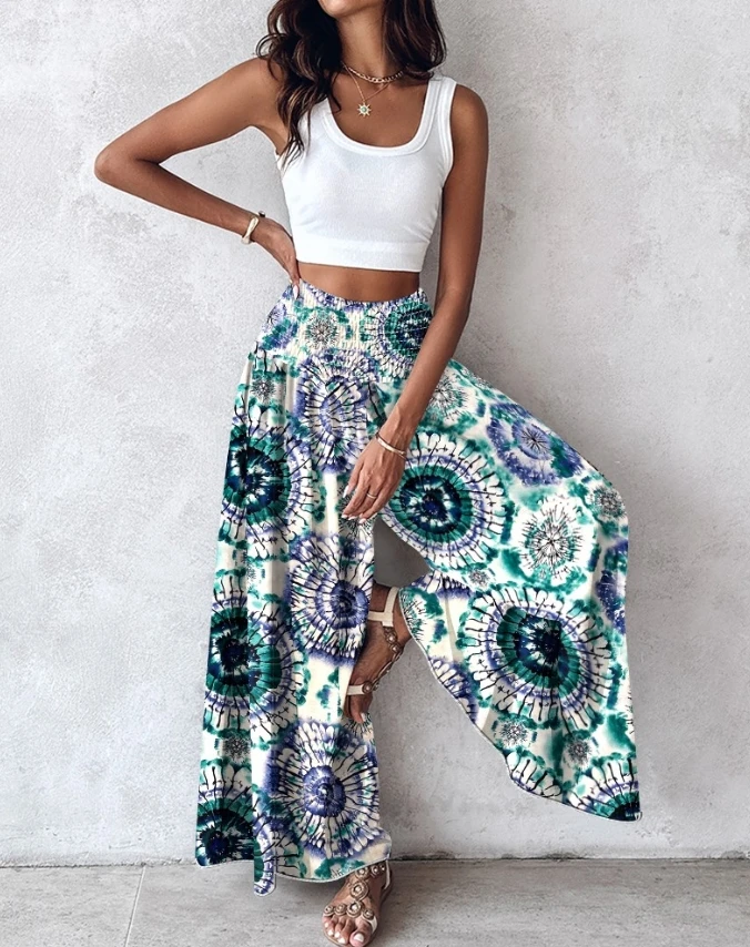 

Bohemian Women's Casual Floral Print Shirred High Waist Wide Leg Pants Summer New Fashion Female Tie Dye Vacation Trousers