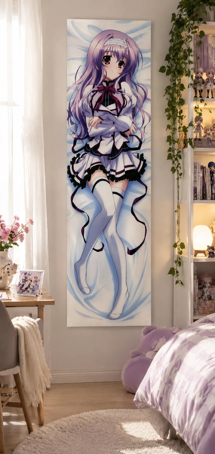 Anime Girl Dakimakura-Style Tapestry, White & Purple Uniform, Soft Bedroom Decor