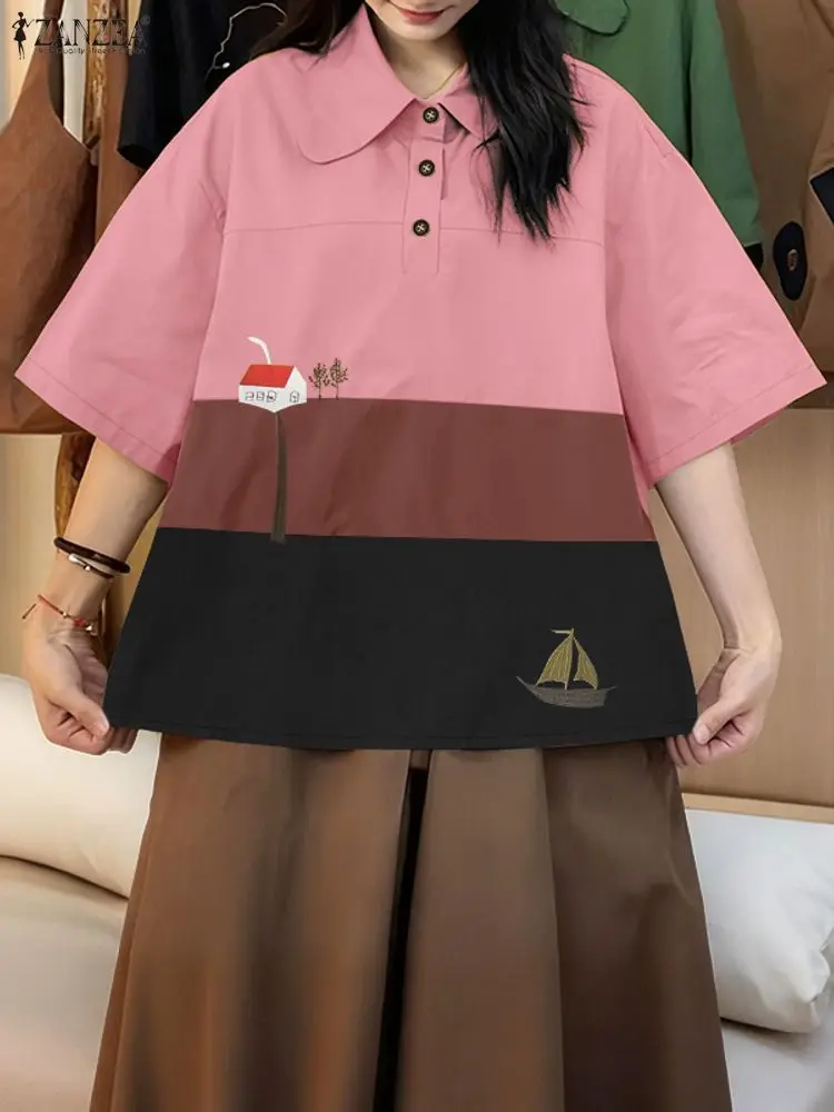 ZANZEA Damskie koszulki polo z kontrastowymi kolorami, luźne bluzki z krótkim rękawem i haftowanym kołnierzykiem, na lato 2025, damskie topy