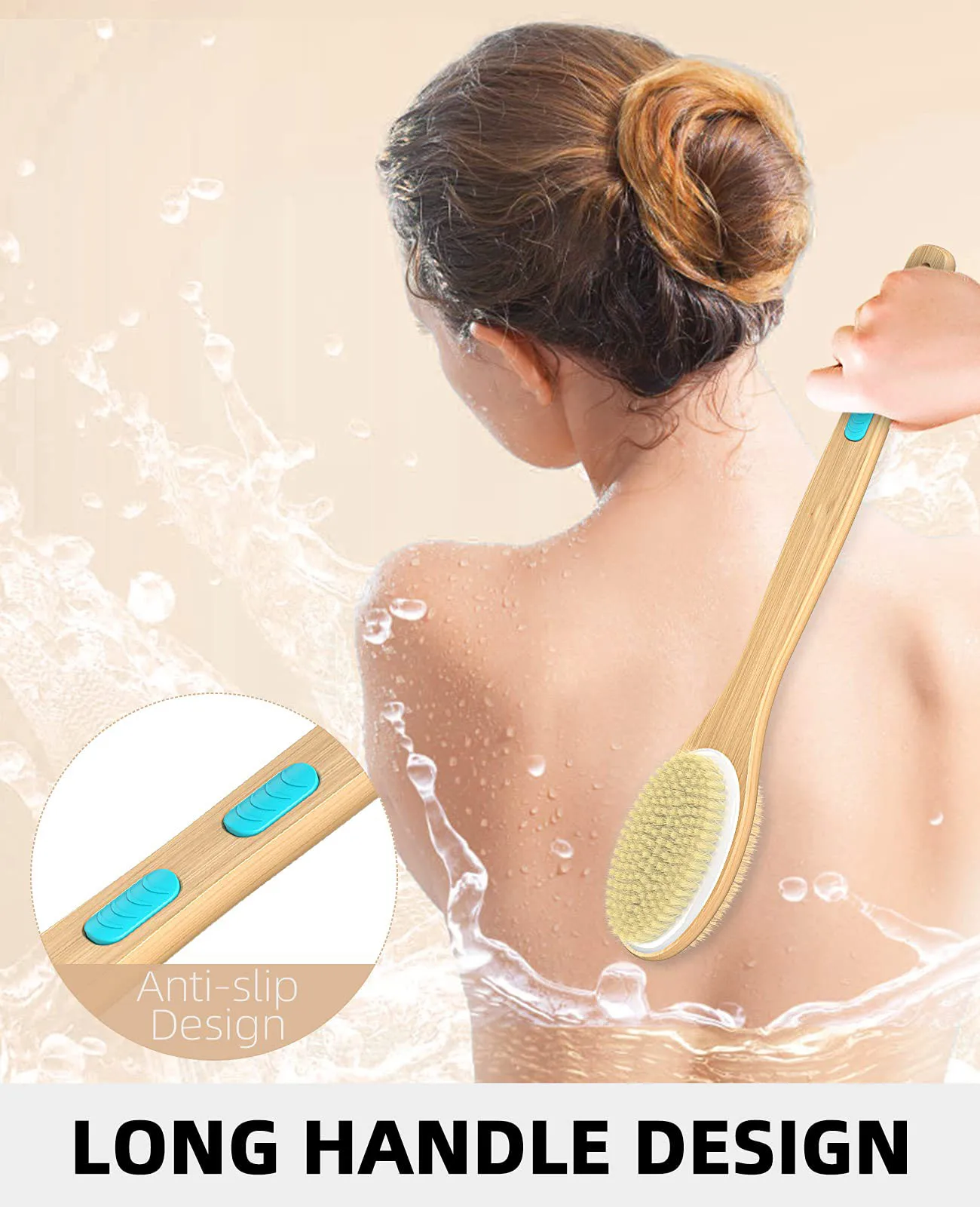 Bamboo Shower Brush with Soft and Stiff Bristles, Bath Dual-Sided Long Handle, Back Scrubber, Body Exfoliator, Wet or Dry Brush