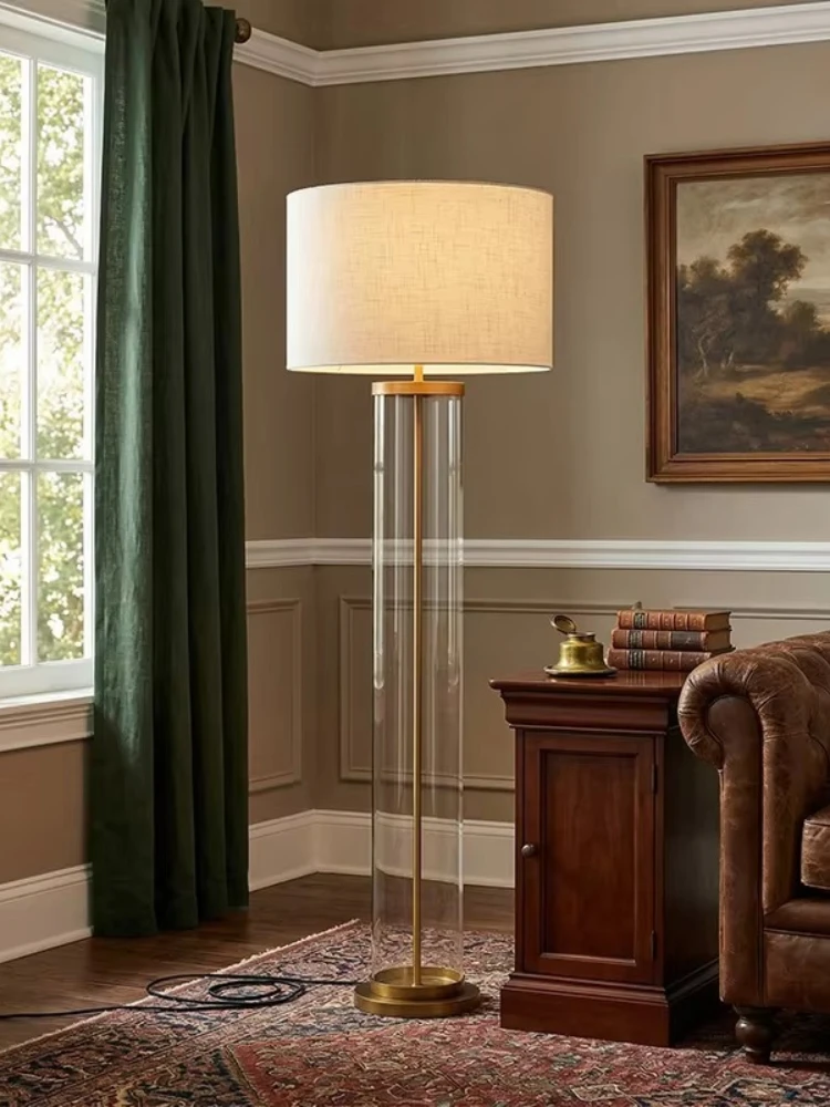 Brass Floor Light Modern Luxury Hotel Glass Cylinder Linen Shade LED Walkway Floor Light