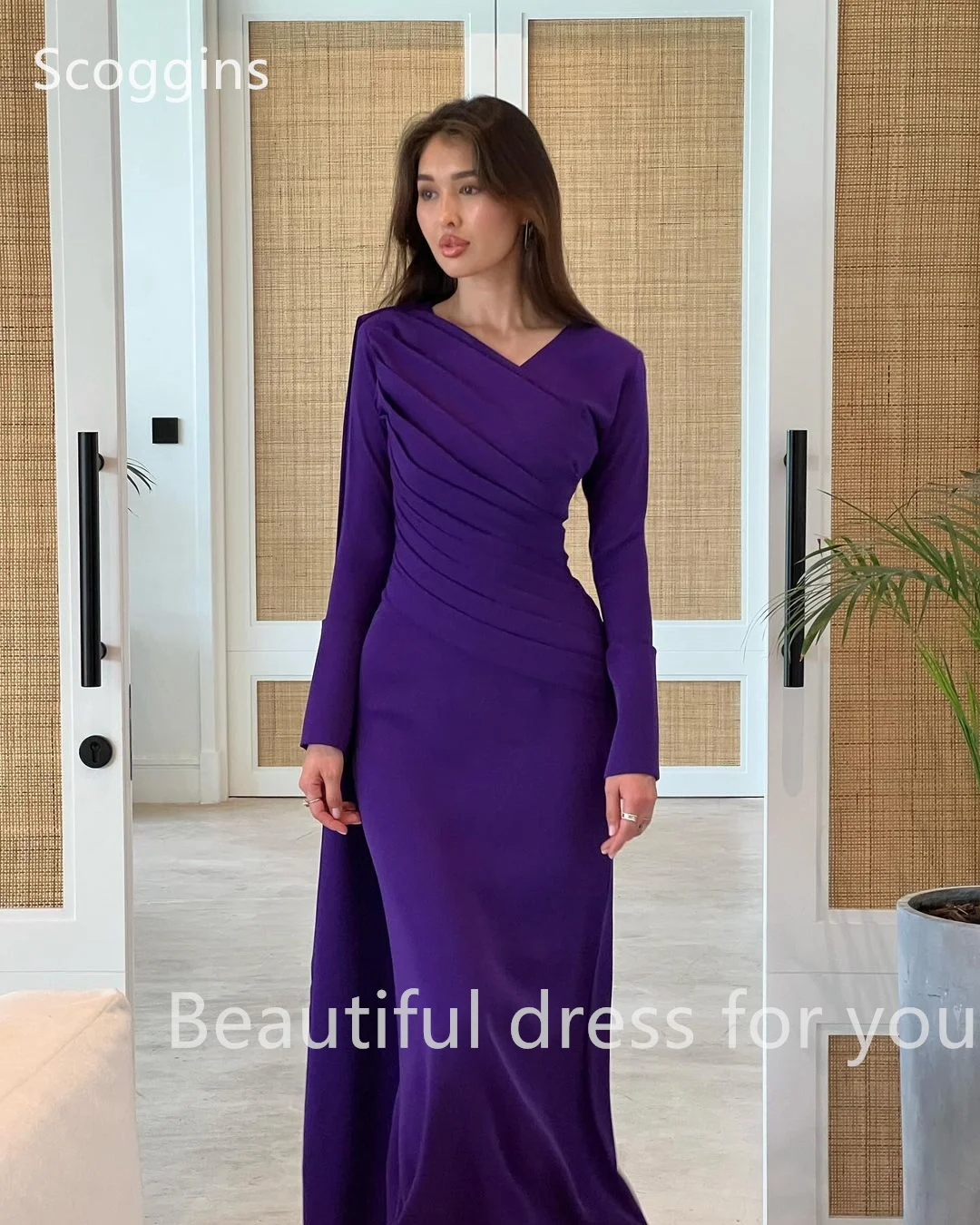 Scoggins فساتين سهرة Prom Dresses V Neck Prom Dress Mermaid Evening Dress Long فساتين سهرة Long Sleeve Crepe Formal Saudi Arabia